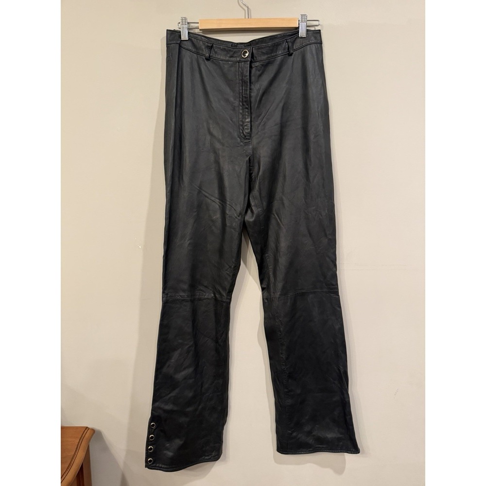 St.John Collection, Black Leather Pants Gold Accent Buttons Moto Size 12 Silk - Picture 1 of 5